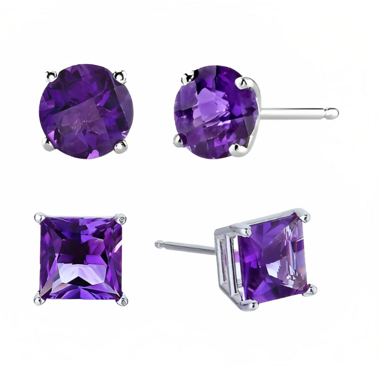 DiamondX 18k White Gold 2 Pair Created Amethyst 4mm, 6mm Round & Princess Cut Stud Earrings Plated