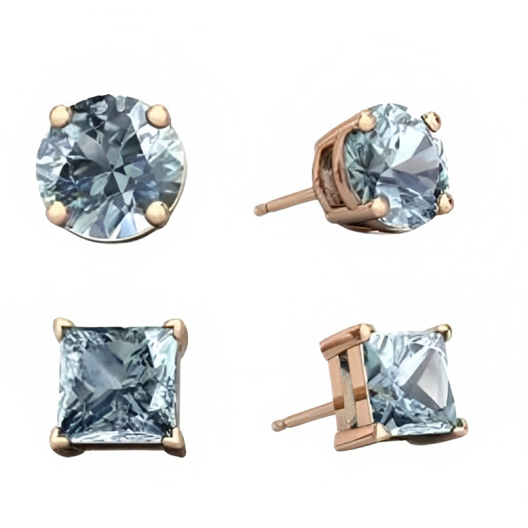 DiamondX 18k Rose Gold 2 Pair Created Aquamarine 4mm, 6mm Round & Princess Cut Stud Earrings Plated