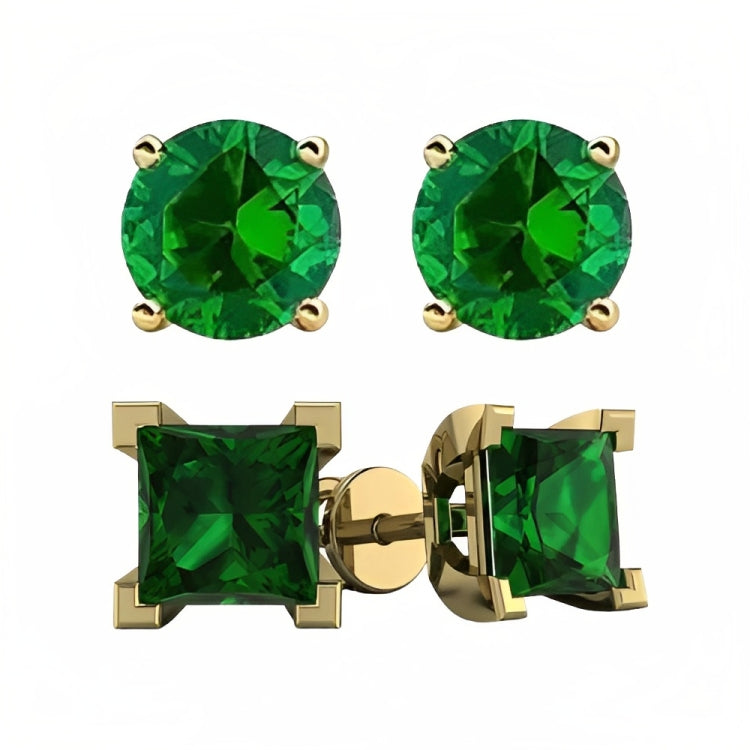 DiamondX 18k Yellow Gold 2 Pair Created Emerald 6mm Round & Princess Cut Stud Earrings Plated