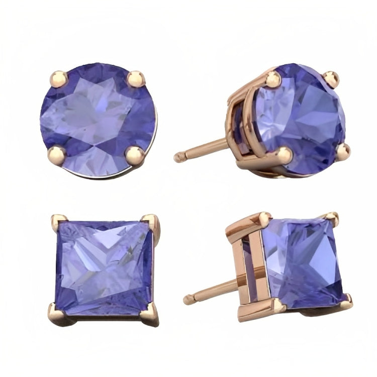 DiamondX 18k Rose Gold 2 Pair Created Tanzanite 4mm Round & Princess Cut Stud Earrings Plated