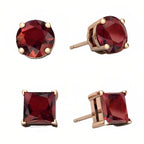 DiamondX 18k Rose Gold 2 Pair Created Garnet 6mm Round & Princess Cut Stud Earrings Plated