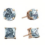 DiamondX  18k Rose Gold 2 Pair Created Aquamarine 4mm Round & Princess Cut Stud Earrings Plated