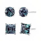DiamondX 18k White Gold 2 Pair Created Alexandrite 4mm, 6mm Round & Princess Cut Stud Earrings Plated