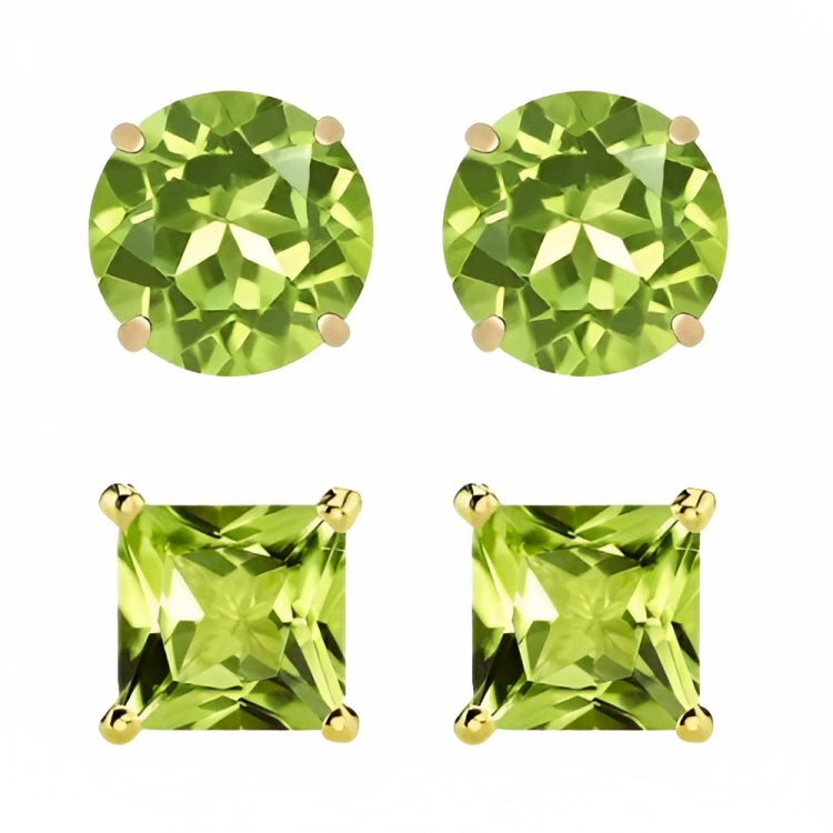 DiamondX 18k Yellow Gold 2 Pair Created Peridot 6mm Round & Princess Cut Stud Earrings Plated