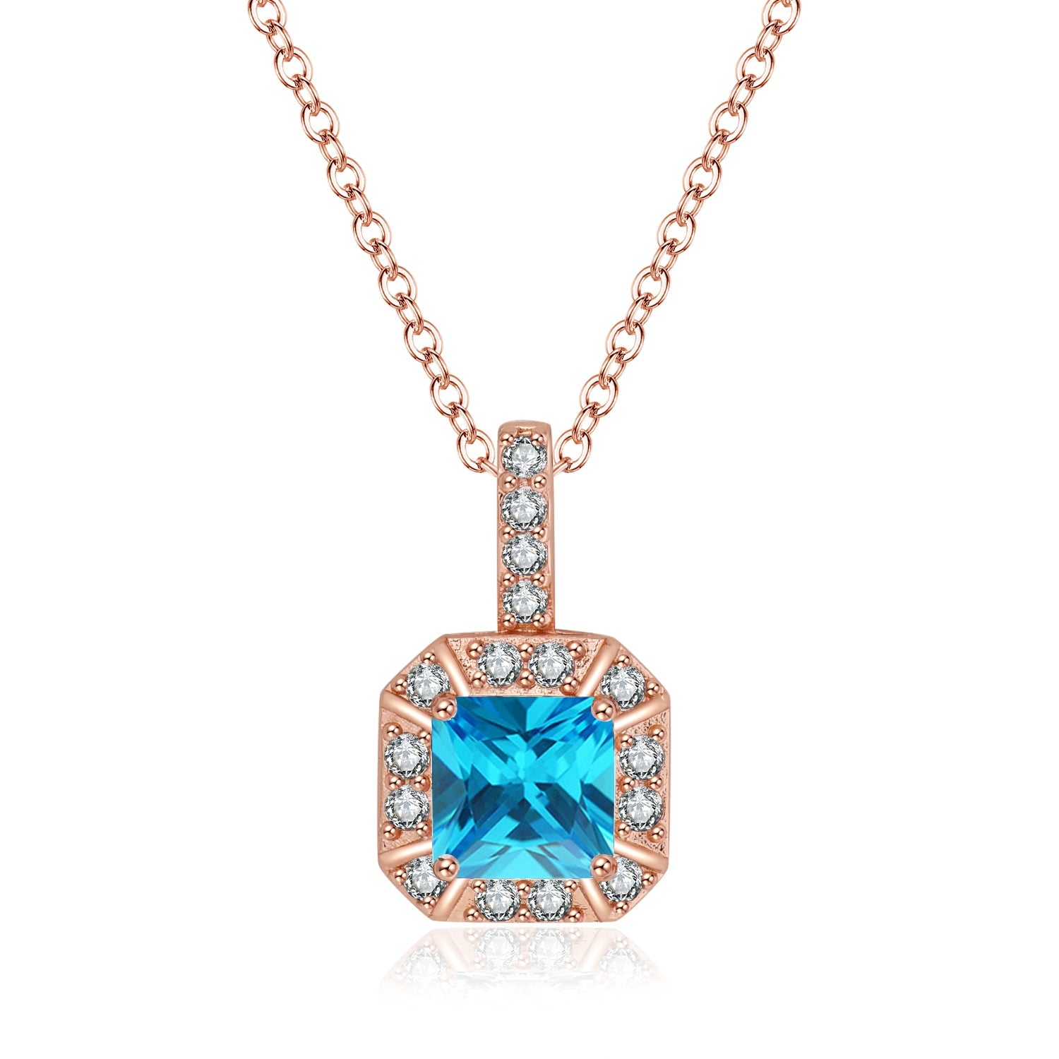 DiamondX 18K Rose Gold 1ct Halo Blue Topaz Square 18 Inch Necklace Plated