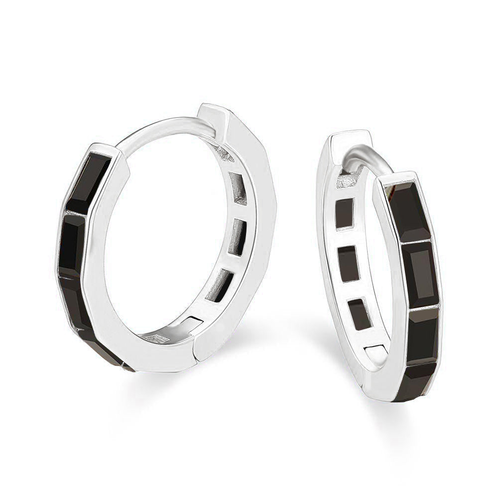 DiamondX 18K White Gold Created black 3Ct Emerald Cut Huggie Hoop Earrings Plated