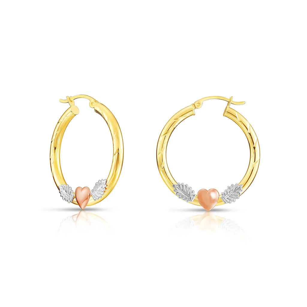 14k Tri Color Gold Hoop with Hearts and Diamond Cut