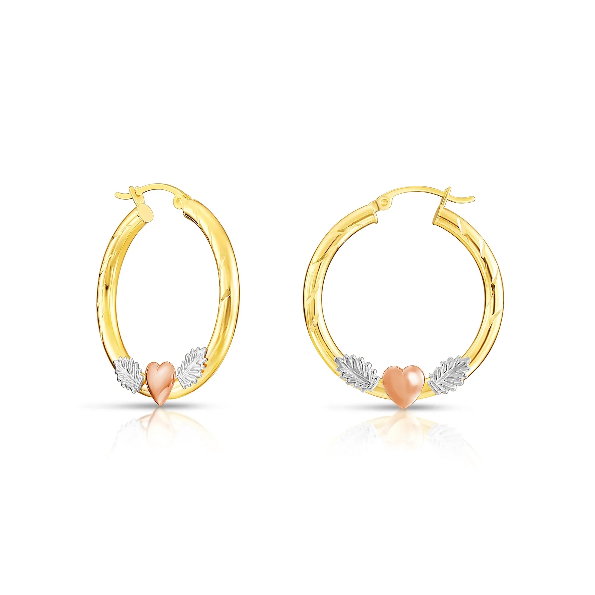 14k Tri Color Gold Hoop with Hearts and Diamond Cut