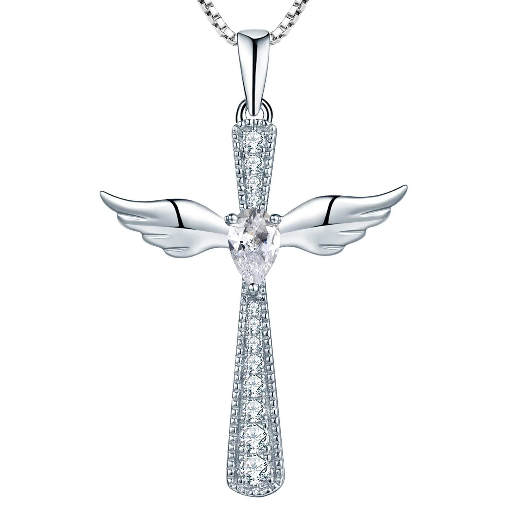 DiamondX 18K White Gold 3Ct White Sapphire Angel Wing And Cross Necklace Plated