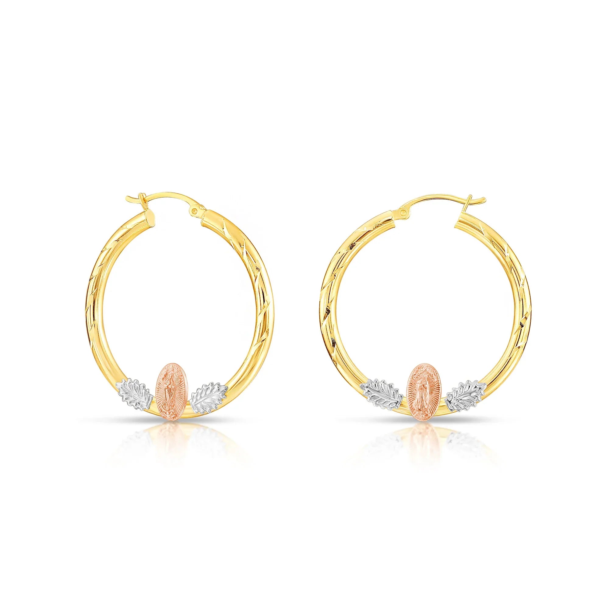 14k Tri Color Gold Hoop with Guadeloupe and Diamond Cut