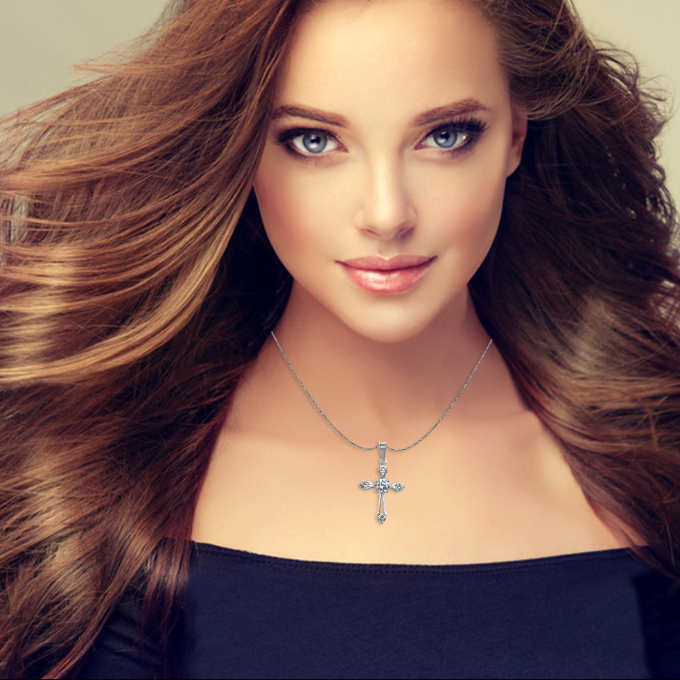 18K White Gold 4 ct Created Diamond Cross Stud Necklace Plated 18 inch