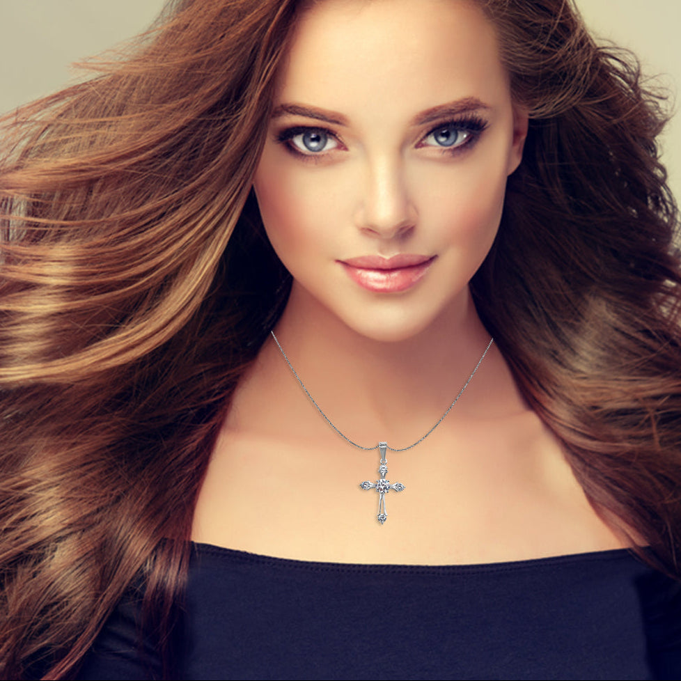 18K White Gold 3 ct Created Diamond CZ Cross Stud Necklace Plated 18 inch