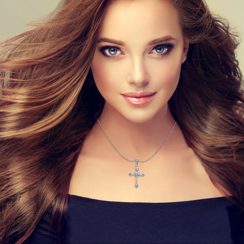 18K White Gold 1/2 ct Created Diamond Cross Stud Necklace Plated 18 inch