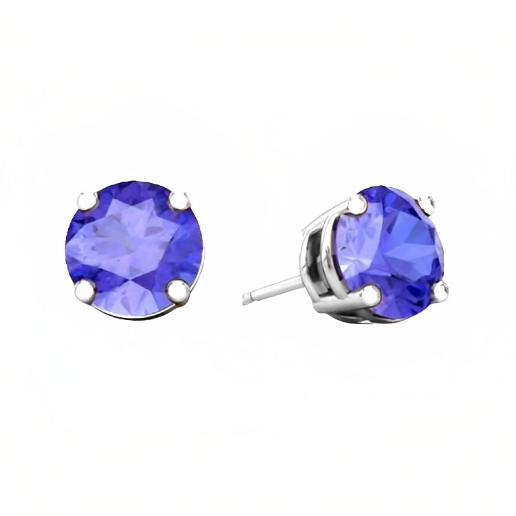 18k White Gold 2 Pair Created Tanzanite 4mm Round & Princess Cut Stud Earrings Plated