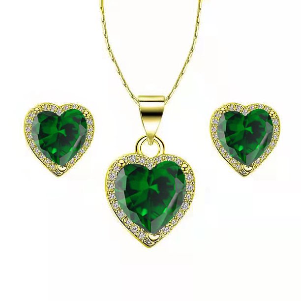 DiamondX 18k Yellow Gold Heart 4 Ct Created Emerald CZ Full Set Necklace 18 inch Plated