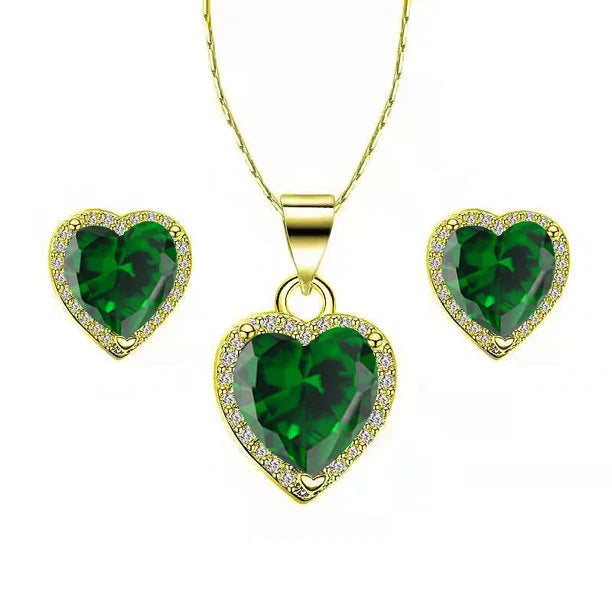 DiamondX 18k Yellow Gold Plated Heart 4 Carat Created Emerald Full Set Necklace, Earrings 18 Inch