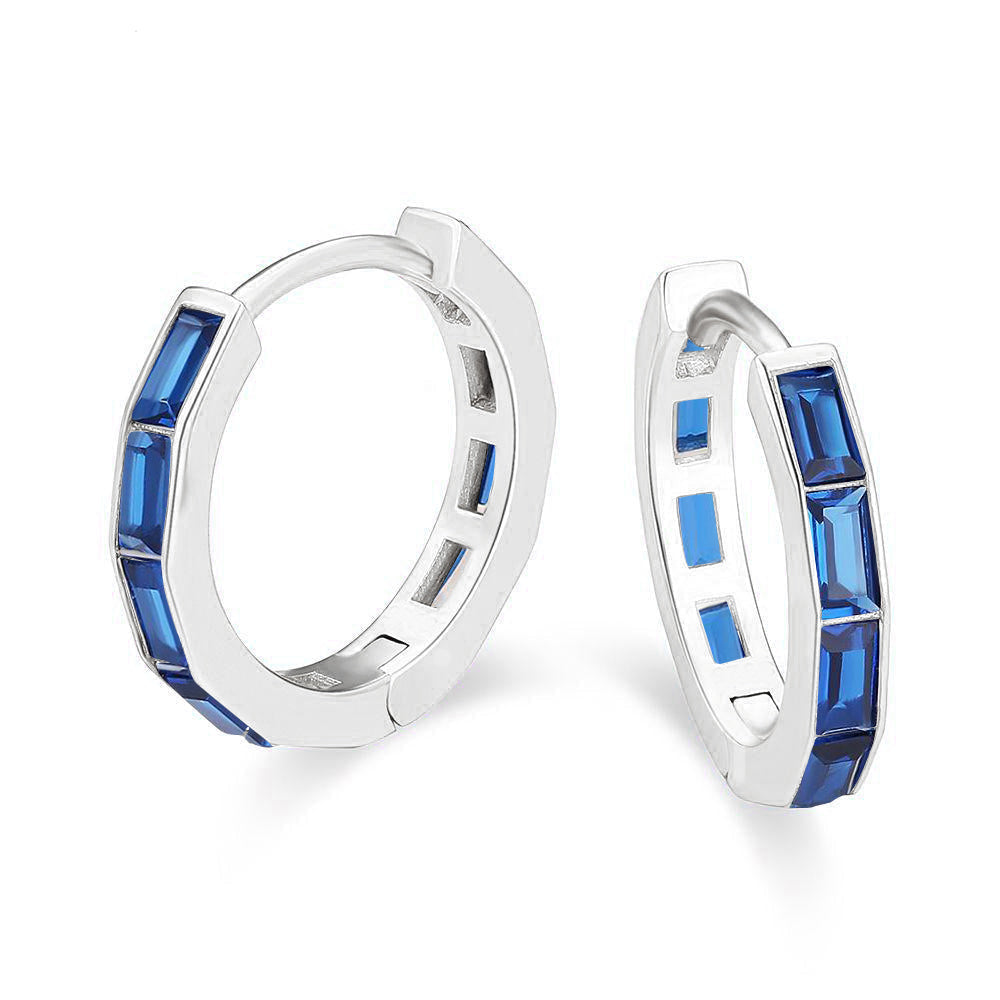 DiamondX 18K White Gold Created Blue Sapphire 3Ct Emerald Cut Huggie Hoop Earrings Plated