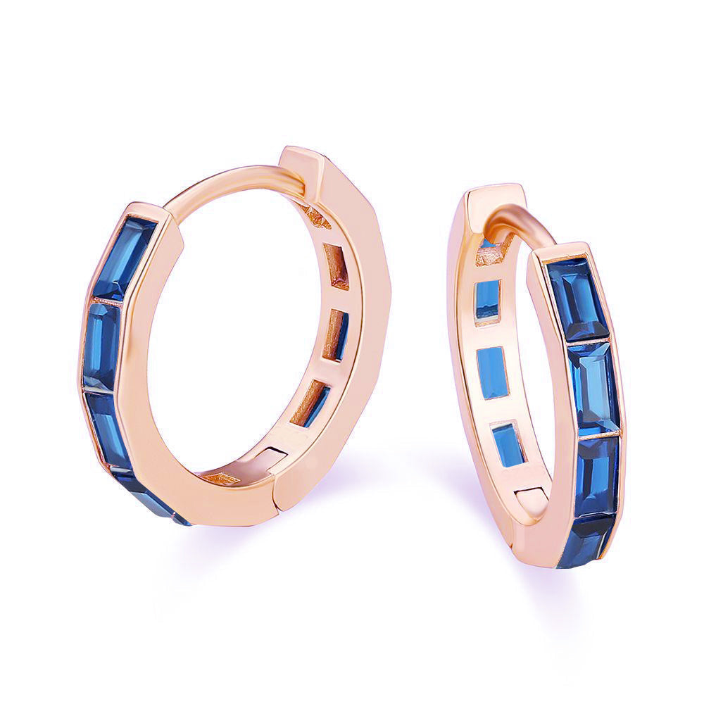DiamondX 18K Rose Gold Created Blue Sapphire 3Ct Emerald Cut Huggie Hoop Earrings Plated