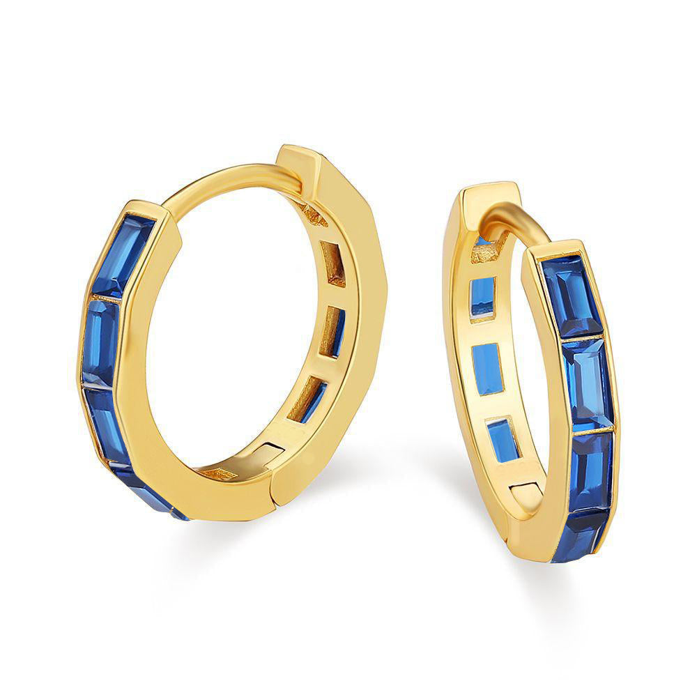 DiamondX 18K Yellow Gold Created Blue Sapphire 3Ct Emerald Cut Huggie Hoop Earrings Plated