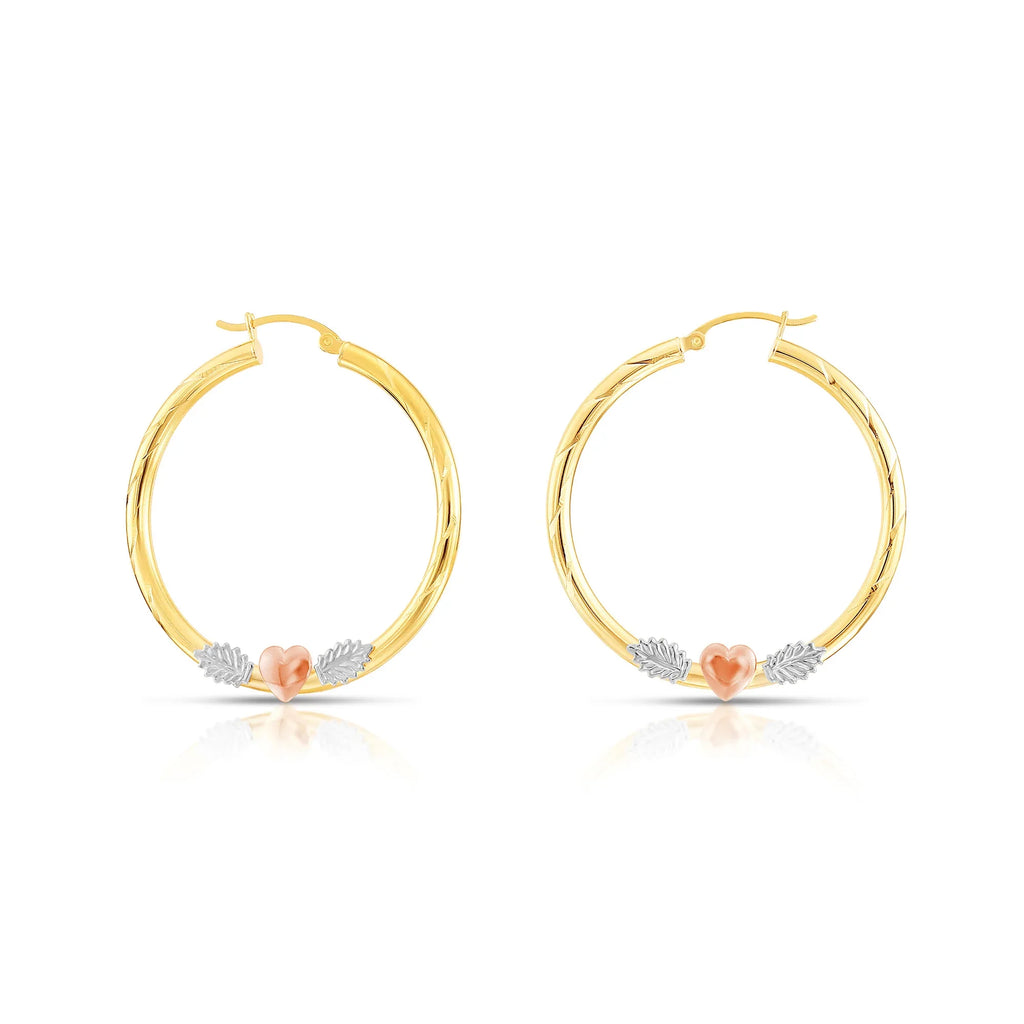 14k Tri Color Gold Hoop with Hearts and Diamond Cut