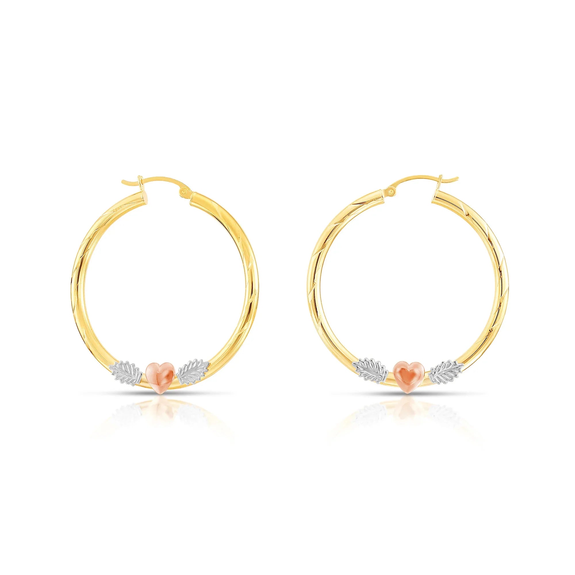14k Tri Color Gold Hoop with Hearts and Diamond Cut