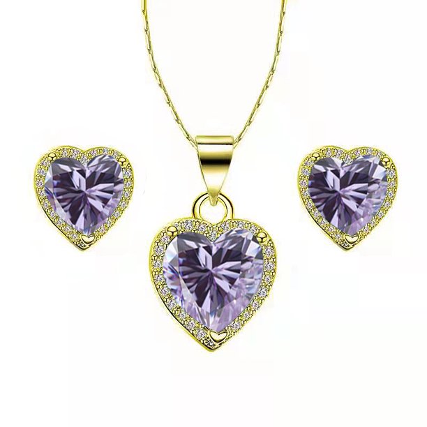 DiamondX 18k Yellow Gold Heart 3 Ct Created Tanzanite CZ Full Set Necklace 18 inch Plated