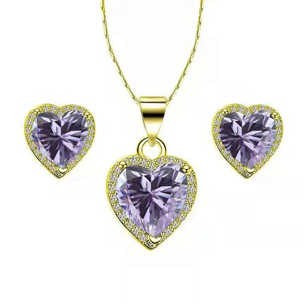 DiamondX 18k Yellow Gold Plated Heart 4 Carat Created Tanzanite Full Set Necklace, Earrings 18 Inch