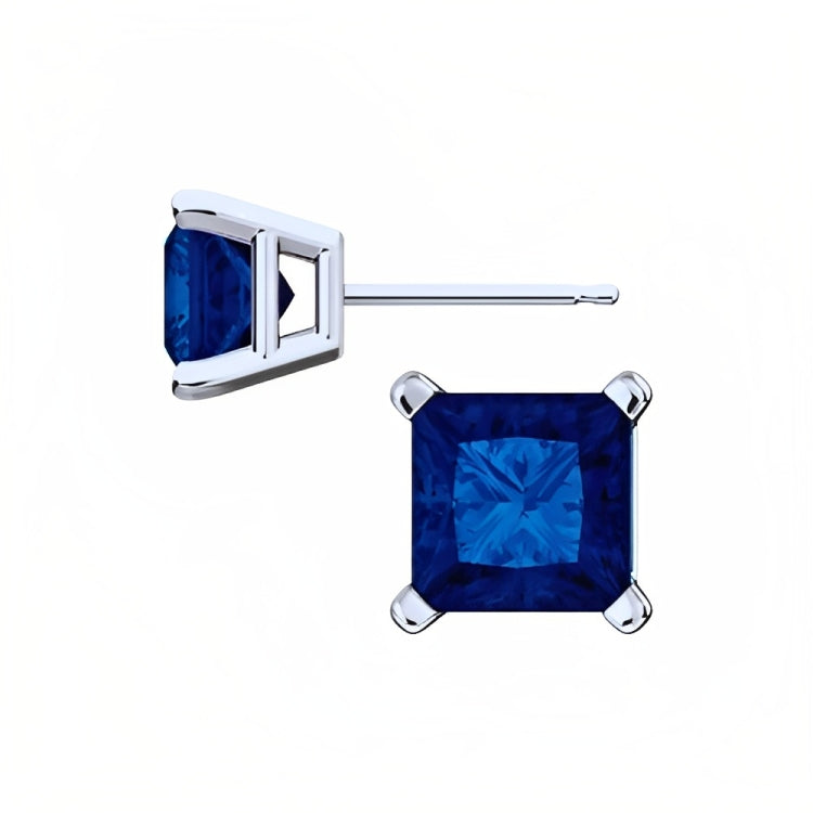 DiamondX 18k White Gold 2 Pair Created Blue Sapphire 4mm Round & Princess Cut Stud Earrings Plated