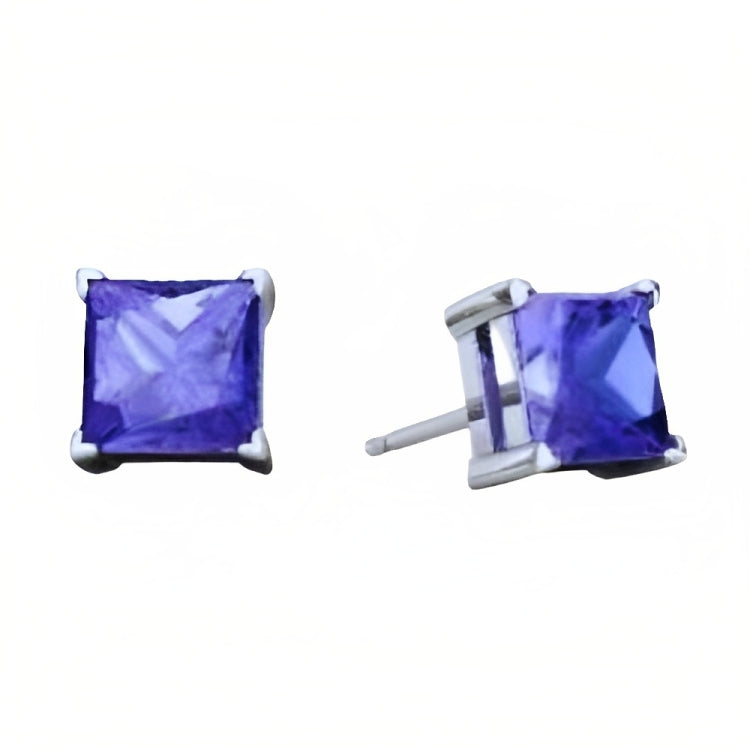 DiamondX 18k White Gold 2 Pair Created Tanzanite 4mm, 6mm Round & Princess Cut Stud Earrings Plated