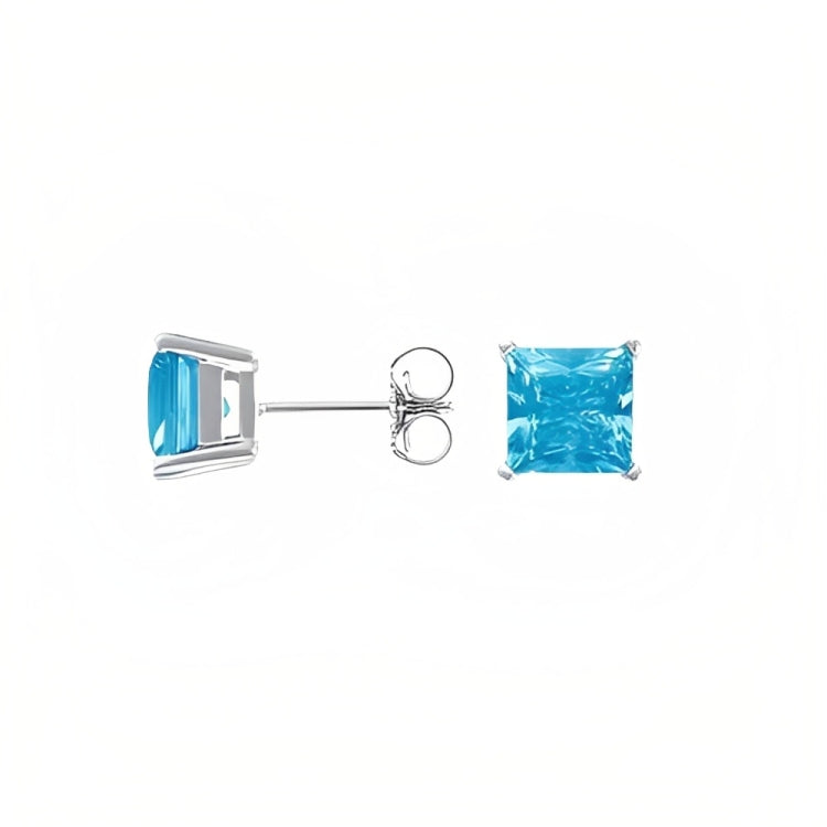 DiamondX 18k White Gold 2 Pair Created Blue Topaz 6mm Round & Princess Cut Stud Earrings Plated