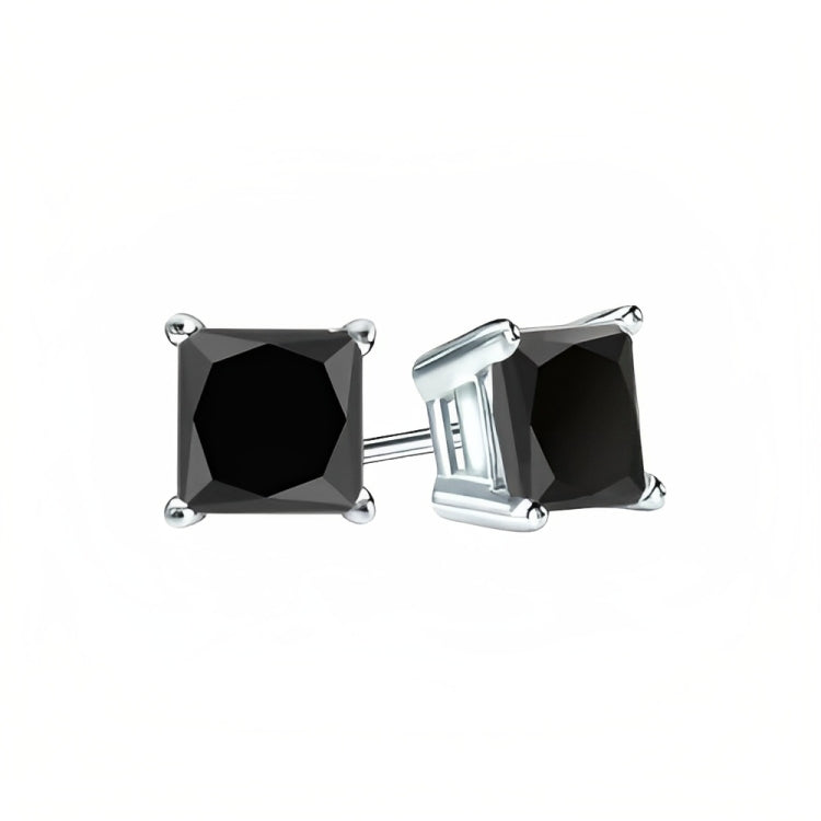 18k White Gold 2 Pair Black Moissanite Round & Princess Cut Stud Earrings Plated 4mm By DiamondX