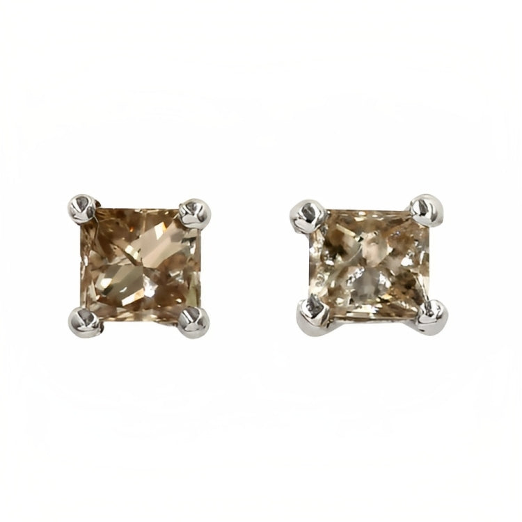 DiamondX 18k White Gold 2 Pair Created Champagne 6mm Round & Princess Cut Stud Earrings Plated