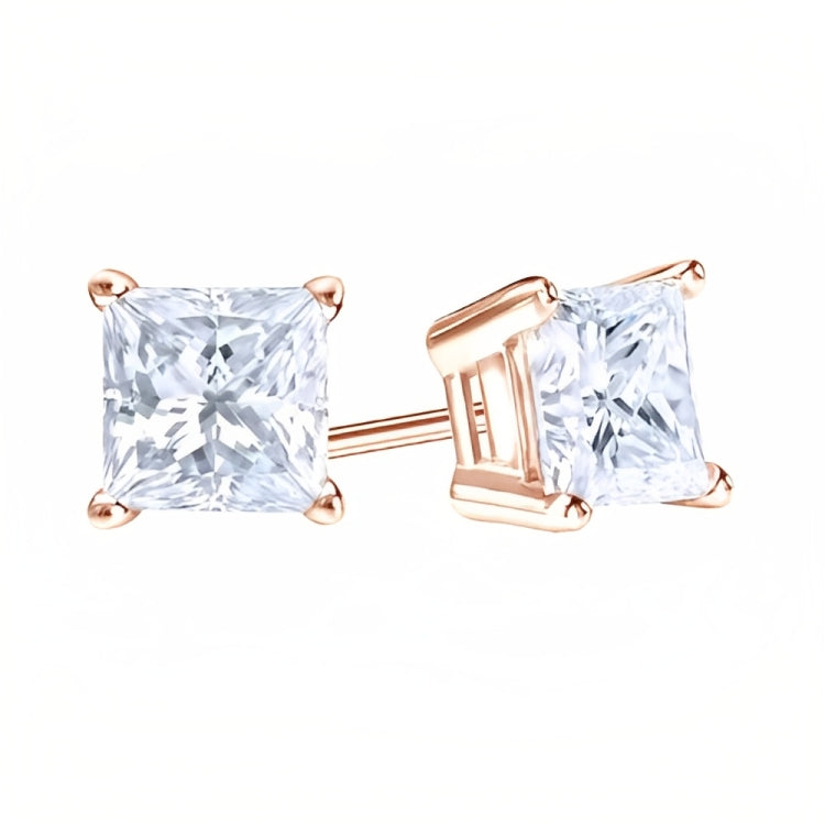 18k Rose Gold 2 Pair Moissanite Round & Princess Cut Stud Earrings Plated 4mm By DiamondX