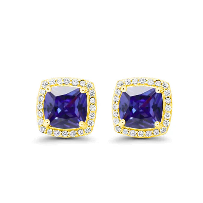 DiamondX 18k Yellow Gold 1 Carat Created Halo Princess Sapphire Birthstone Stud Earrings All Colors Plated