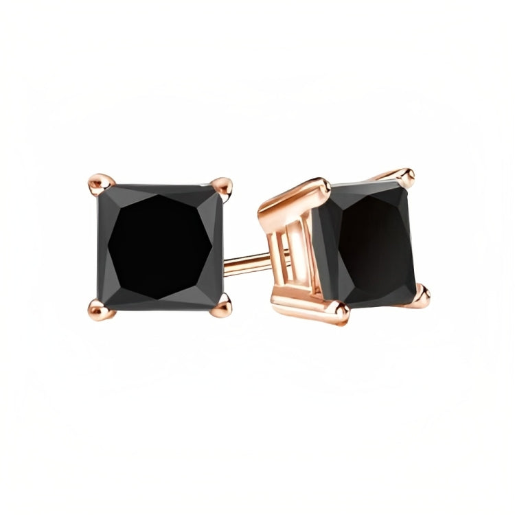 18k Rose Gold 2 Pair Black Moissanite Round & Princess Cut Stud Earrings Plated 4mm By DiamondX