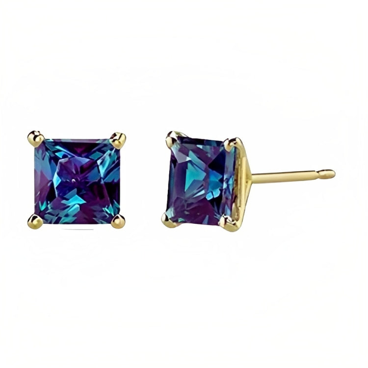 DiamondX 18k Yellow Gold 2 Pair Created Alexandrite 4mm Round & Princess Cut Stud Earrings Plated