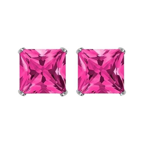 DiamondX 18k White Gold 2 Pair Created Tourmaline 4mm, 6mm Round & Princess Cut Stud Earrings Plated