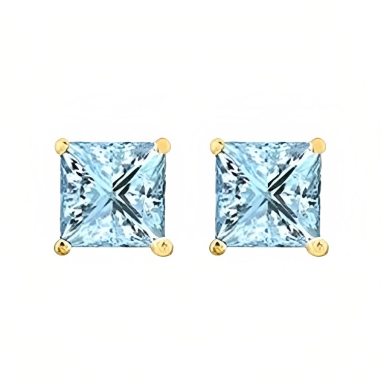 DiamondX 18k Yellow Gold 2 Pair Created Aquamarine 4mm, 6mm Round & Princess Cut Stud Earrings Plated