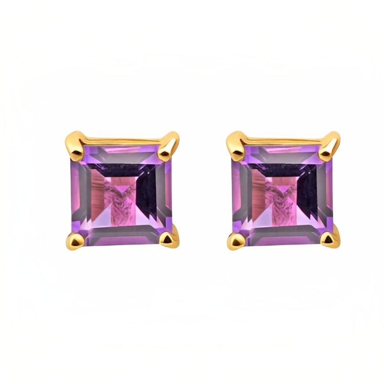 DiamondX 18k Yellow Gold 2 Pair Created Amethyst 4mm, 6mm Round & Princess Cut Stud Earrings Plated
