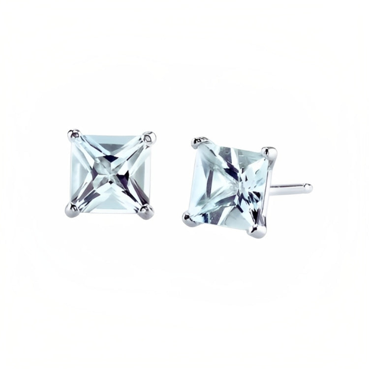 DiamondX 18k White Gold 2 Pair Created Aquamarine 4mm Round & Princess Cut Stud Earrings Plated