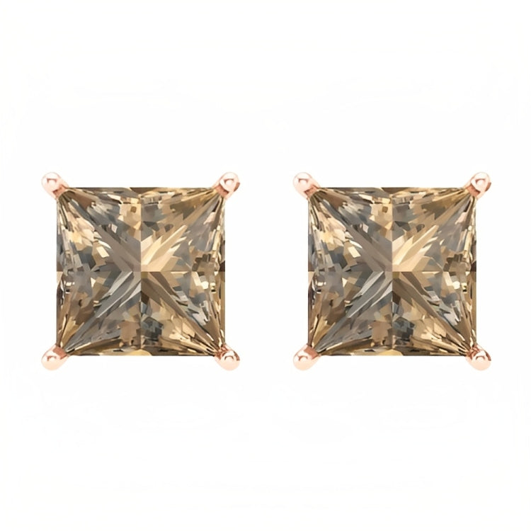 DiamondX 18k Rose Gold 2 Pair Created Champagne 4mm Round & Princess Cut Stud Earrings Plated