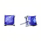 18k White Gold 2 Pair Created Tanzanite 4mm Round & Princess Cut Stud Earrings Plated
