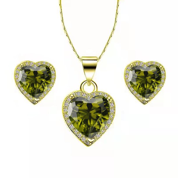 DiamondX 10k Yellow Gold Heart 1Ct Created Peridot CZ Full Set Necklace 18 inch Plated