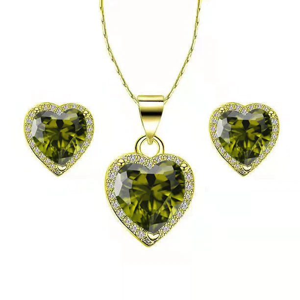 DiamondX 18k Yellow Gold Plated Heart 4 Carat Created Peridot Full Set Necklace, Earrings 18 Inch