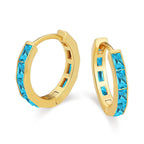 DiamondX 18K Yellow Gold Created Blue Topaz 3Ct Emerald Cut Huggie Hoop Earrings Plated