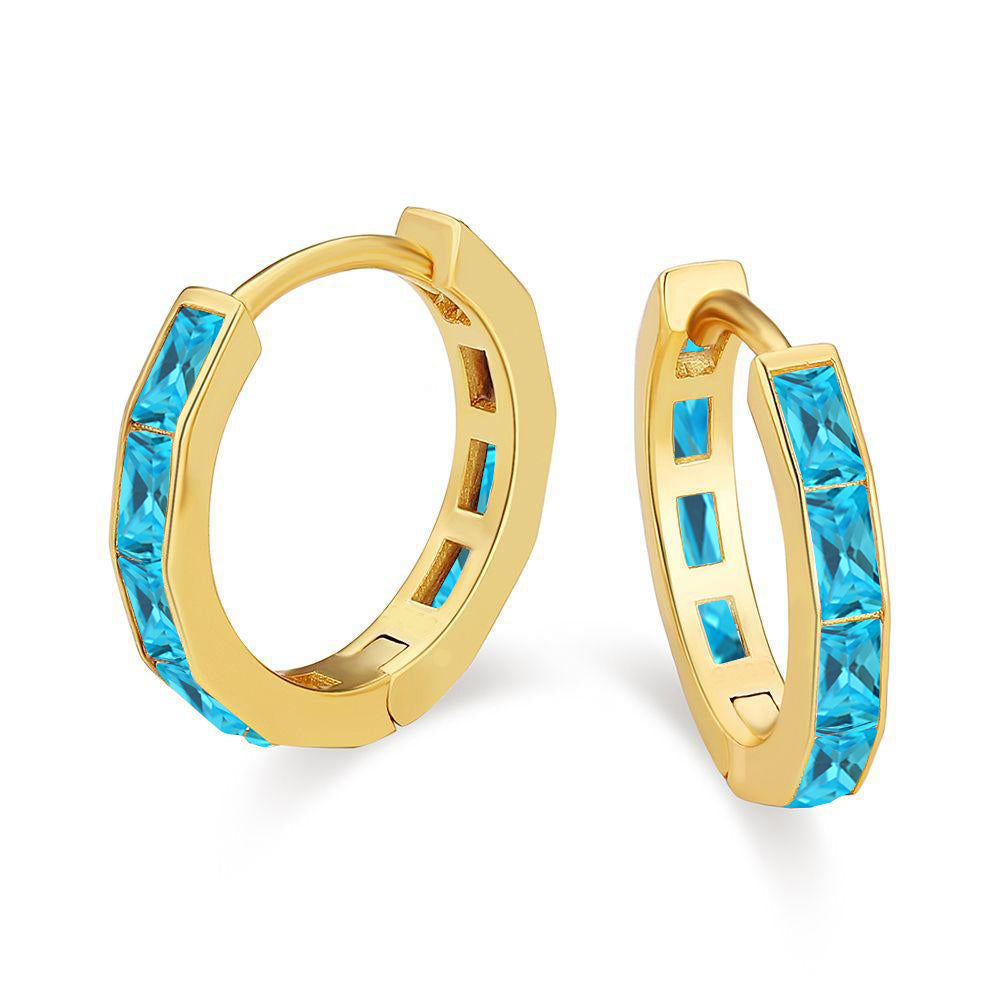 DiamondX 18K Yellow Gold Created Blue Topaz 3Ct Emerald Cut Huggie Hoop Earrings Plated