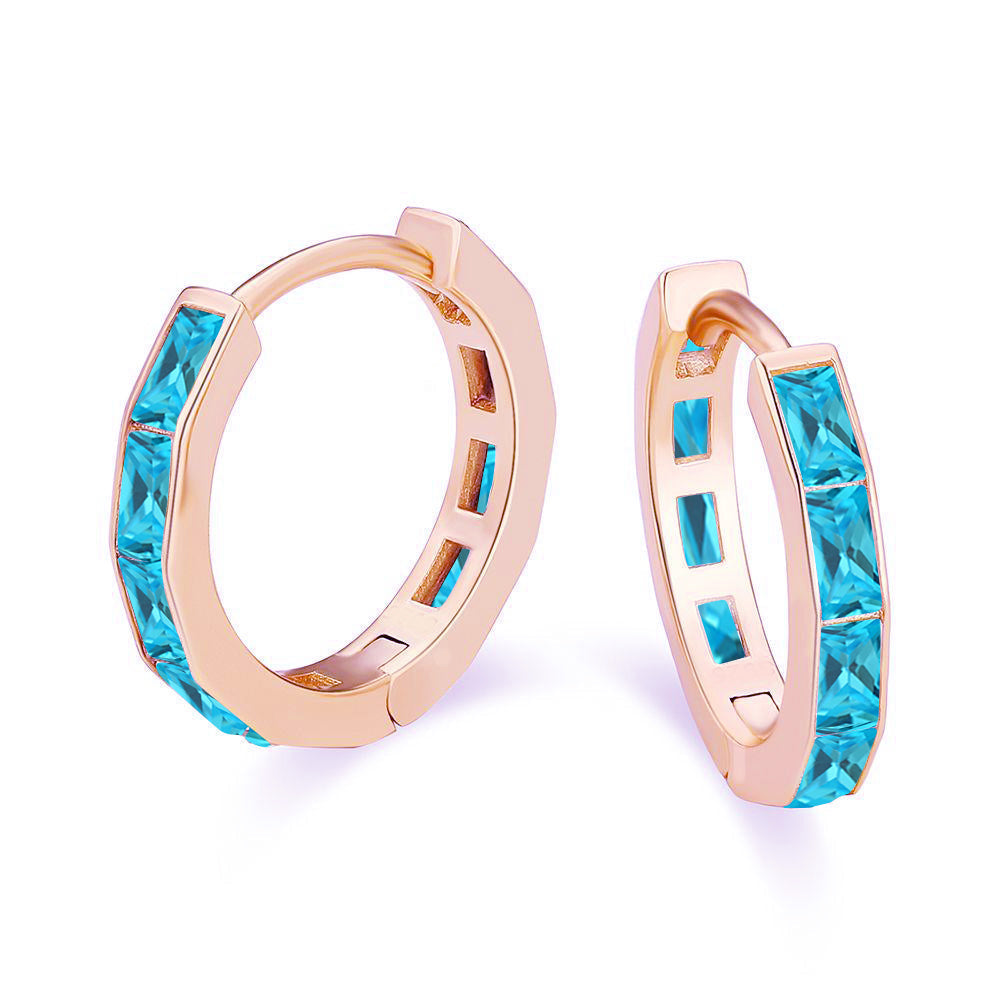 DiamondX 18K Rose Gold Created Blue Topaz 3Ct Emerald Cut Huggie Hoop Earrings Plated
