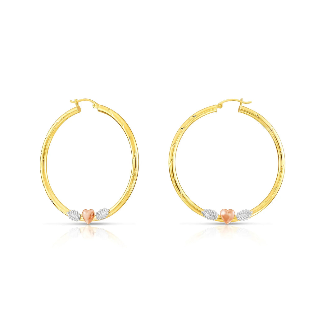 14k Tri Color Gold Hoop with Hearts and Diamond Cut