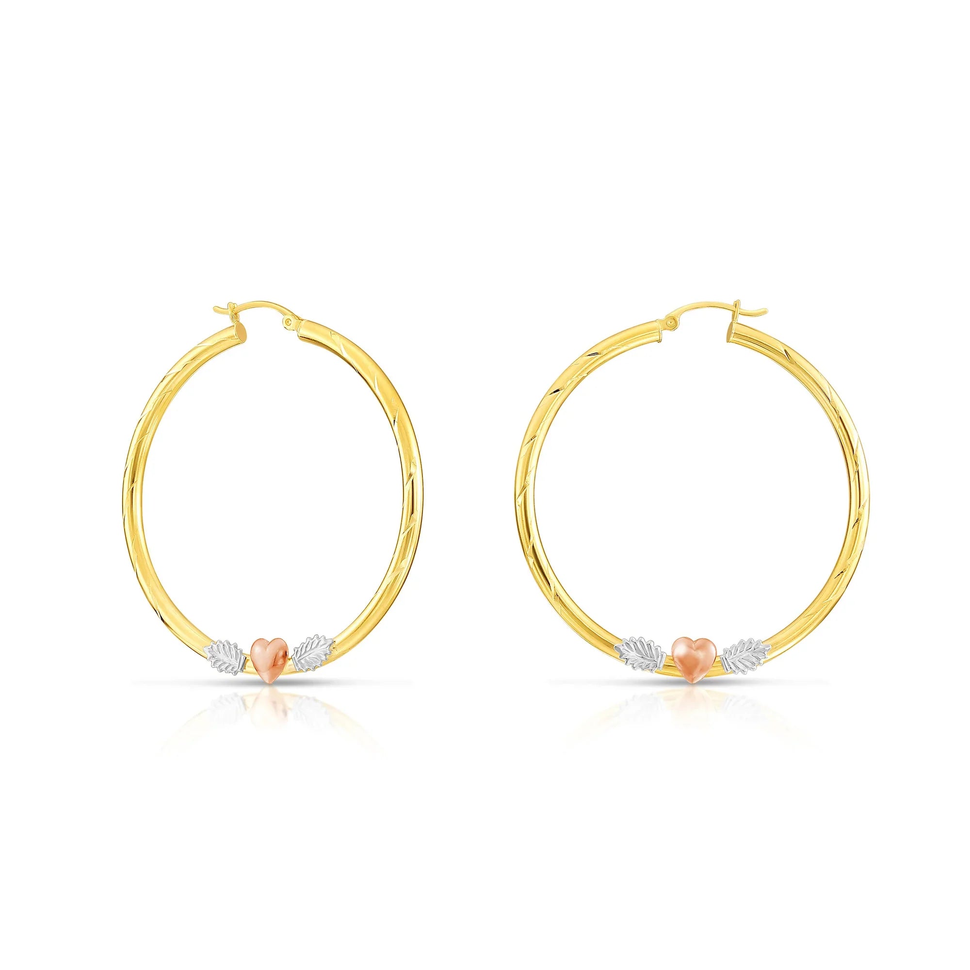 14k Tri Color Gold Hoop with Hearts and Diamond Cut
