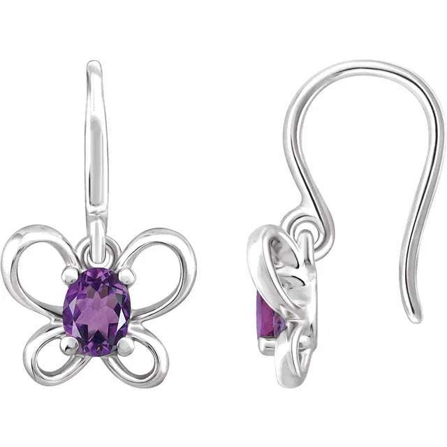 14K White Gold Oval February Youth Butterfly Birthstone Earrings